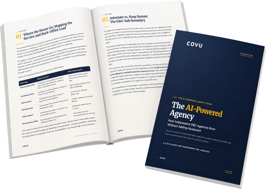 The AI-Powered Agency guide, shown as a printed booklet lying open at section 01 beside its navy cover