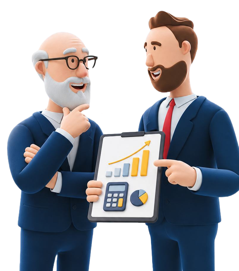 Two advisors reviewing an agency&rsquo;s valuation on a clipboard, with a rising trend line behind them.