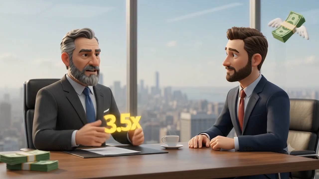 Two agency principals talking across a boardroom table, a 3.5x multiple on the table between them.
