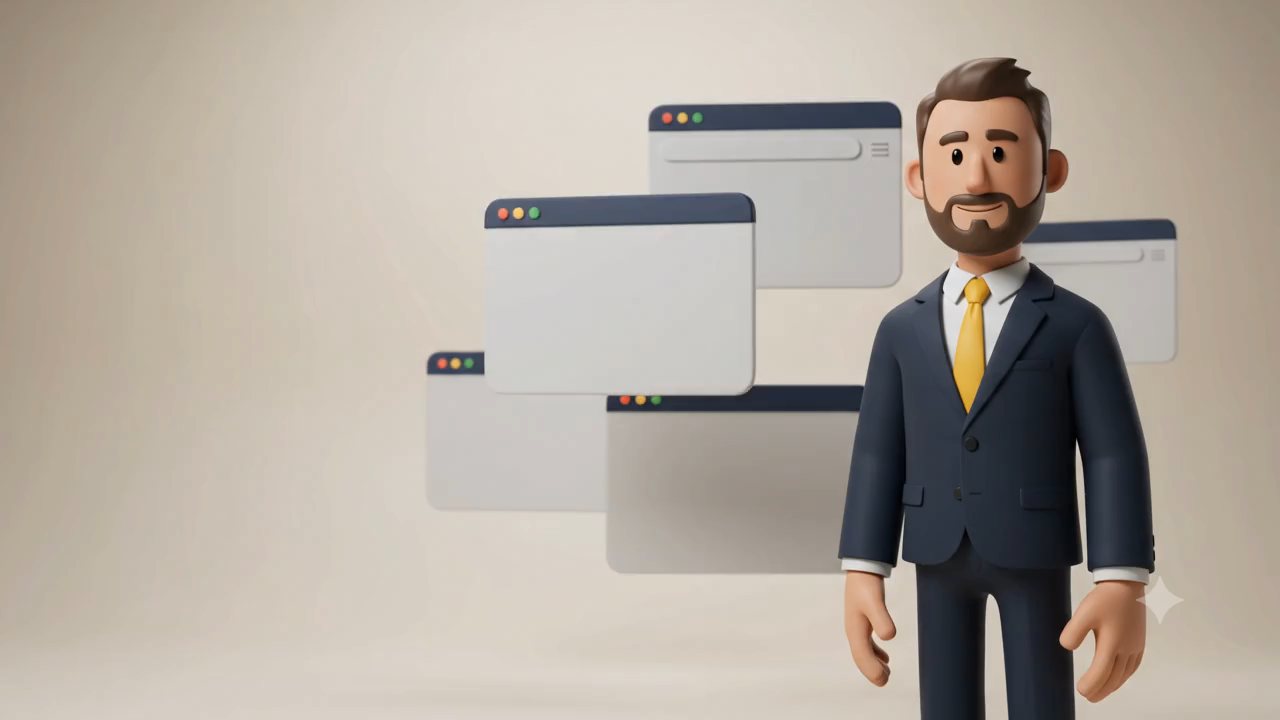 An agency service rep standing in front of a stack of open browser windows.